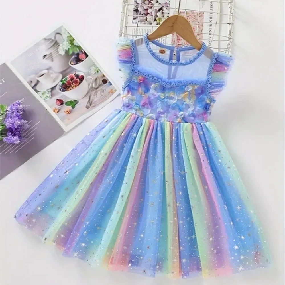 Girls Colorful Ruffled Mesh Dress Light Blue